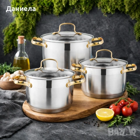 Луксозен комплект тенджери с неръждаема стомана и златисти дръжки – перфектният избор за всяка кухня