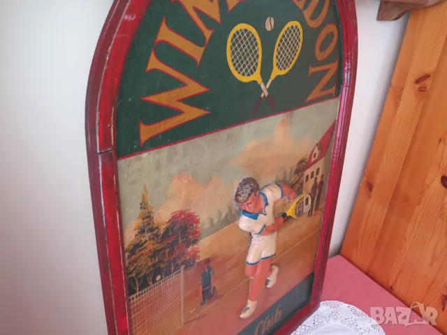 Стара голяма картина,релефна 60.94см.x91.44 cm.-Wimbledon Tennis Club Wooden, 3D, снимка 5 - Картини - 47467421