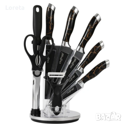 Комплект уреди за рязане Cheffinger – 9 части с мраморно покритие, стойка, точило и белачка, снимка 5 - Прибори за хранене, готвене и сервиране - 53437674