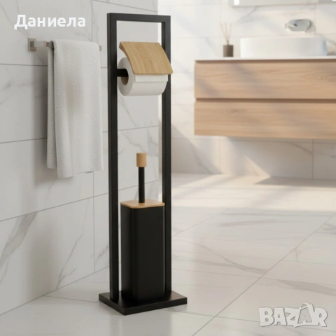 Стойка 2в1 Cheffinger за баня с тоалетна четка и държач за тоалетна хартия – метал и дърво, снимка 2 - Други стоки за дома - 53166511