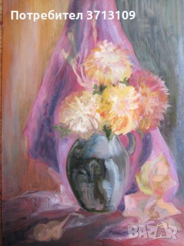 Картина -масло, фазер, ваза с хризантеми,51х36см., снимка 2 - Картини - 45055502