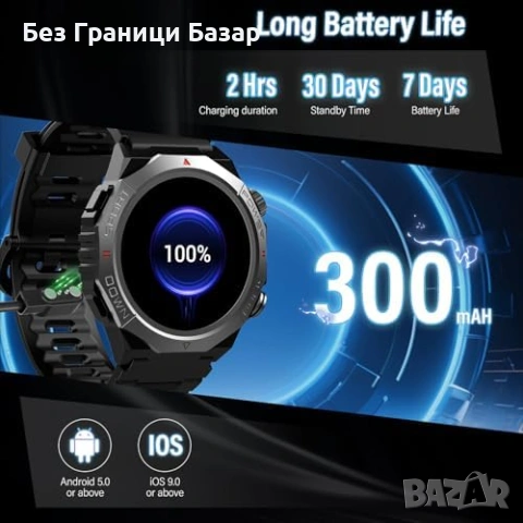 Нов Военен здрав смарт часовник с разговори, 1.39" HD, IP68, 110 спорта, снимка 6 - Мъжки - 53156585