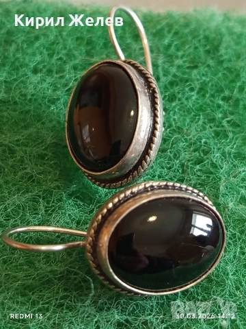 Сребърни обеци инкрустирани с черен ТУРМАЛИН орнаментика винтидж стил 32415, снимка 7 - Обеци - 54026345