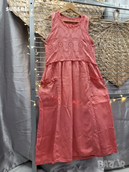 ЛЕНЕНА  дълга рокля  с рязана дантела цвят корол/ сьомга-  L, снимка 1