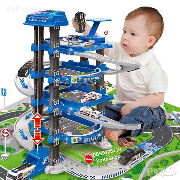 Полицейски комплект гараж с превозни средства,самолет звук-88 части, снимка 1