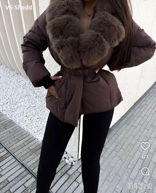 Дамско зимно кафяво яке с естествен косъм, снимка 1
