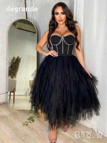 Официална черна рокля с перли и тюл 🖤