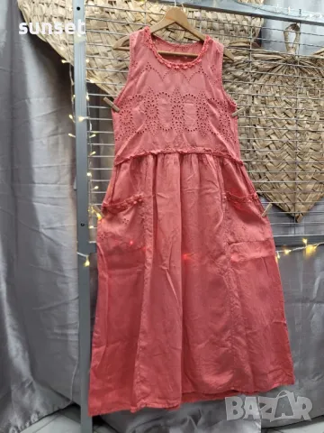 ЛЕНЕНА  дълга рокля  с рязана дантела цвят корол/ сьомга-  L, снимка 1