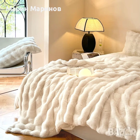 Мек заек плюшен одеяло, изкуствена кожа топло одеяло за диван и легло - Бяло 130 x 160 см, снимка 2 - Други стоки за дома - 53179241