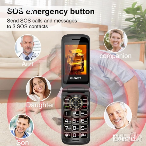 Нов мобилен телефон за възрастни с два екрана Guwet с Големи бутони + SOS бутон   , снимка 4 - Други - 53667696
