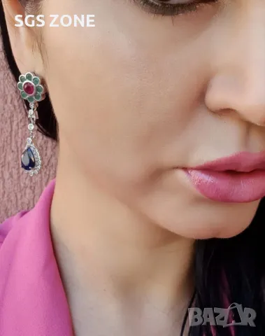 Необичайни Сребърни Обеци с Рубини, Сапфири и Изумруди от Тайланд, снимка 2 - Обеци - 49891261