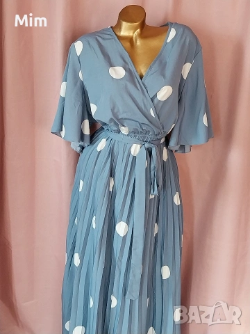 3XL Синя,дълга рокля солей на бели точки, снимка 6 - Рокли - 53741809