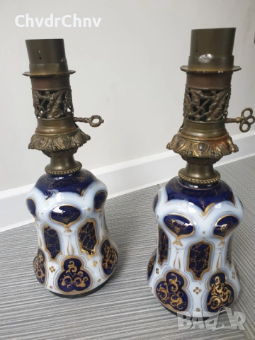 чифт2бр 57см/стари барокови порцеланови газени лампи/кобалт-злато, снимка 2 - Антикварни и старинни предмети - 46885962