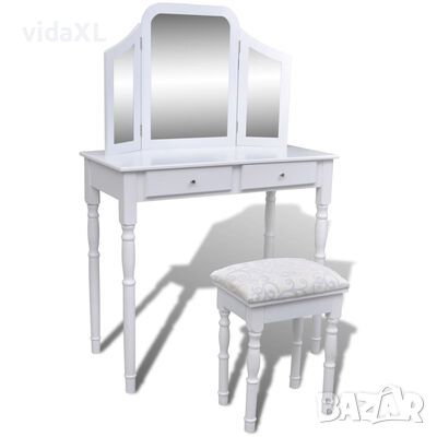 vidaXL Тоалетка, 3 в 1 огледало и табуретка, 2 чекмеджета, бяла）SKU:241003, снимка 1 - Тоалетки - 45805833
