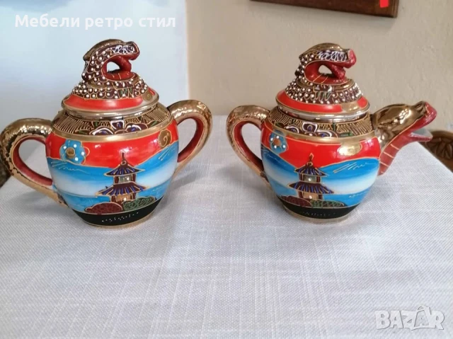 Японски комплект захарница и каничка за чай Satsuma. С богато рисувана релефна декорация. , снимка 6 - Декорация за дома - 51327811