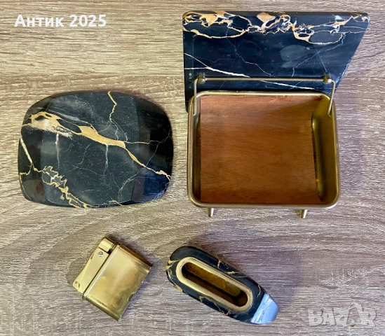 Винтидж настолен комплект от камък с позлатени елементи – пепелник, запалка и поставка, снимка 3 - Антикварни и старинни предмети - 53474769