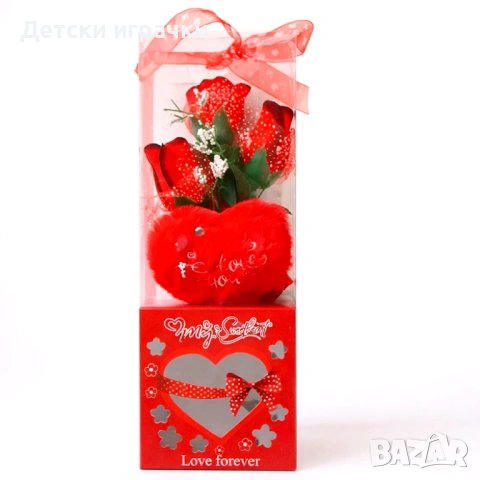 Подаръчен букет с червени рози и плюшено сърце, с LED, романтичен, снимка 2 - Плюшени играчки - 53145691