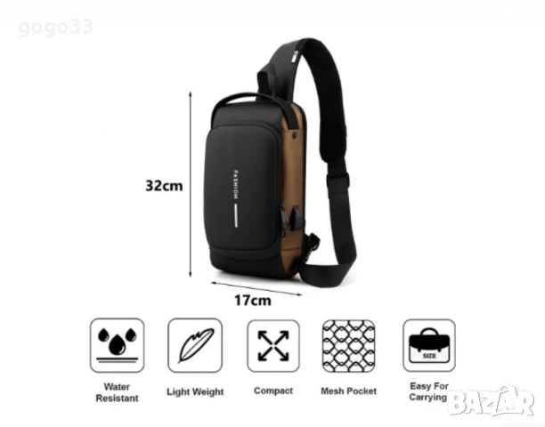 Мъжка чанта за през рамо, Crossbody, с USB поддръжка за зареждане, джоб против кражба, водоустойчивa, снимка 2 - Чанти - 50265874