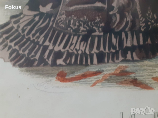 Стара цветна антикварна гравюра в рамка подписана - Франция, снимка 3 - Антикварни и старинни предмети - 53347081