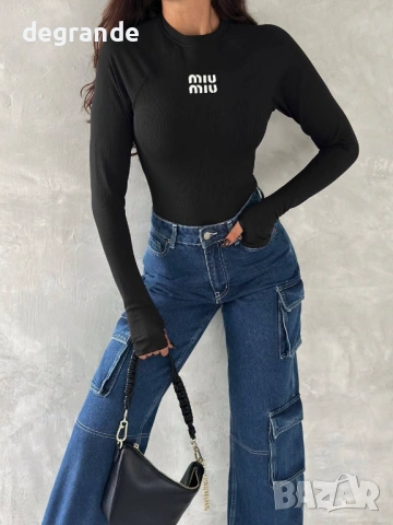 🎀Дамско Боди MiuMiu с Ефектен Ръкав Лого Бродерия