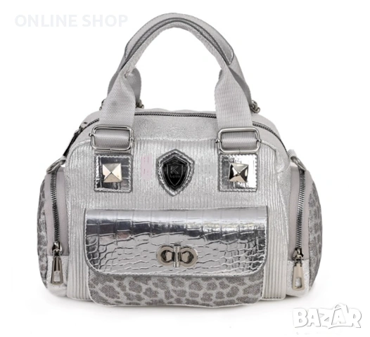 Луксозна Дамска чанта от висококачествена  кожа във сребрист цвят, снимка 6 - Чанти - 53587491