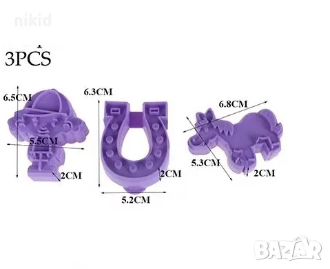 кон дете подкова 3 пластмасови релефни резци форми за сладки бисквитки фондан резец форма, снимка 2 - Форми - 21035946