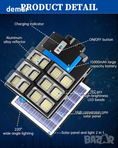 Gefolly SL-2100W Соларна улична лампа, сензор за движение дистанционно, снимка 4 - Соларни лампи - 51770482