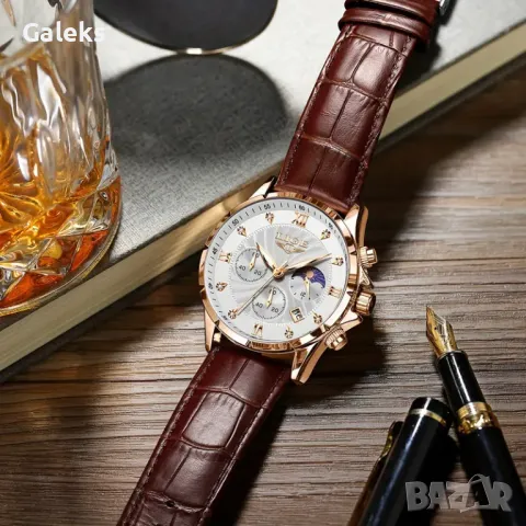 Мъжки кварцов хронограф LIGE*/ Бизнес стил с кафява каишка, дата и функция за ден и нощ!, снимка 8 - Мъжки - 49934355