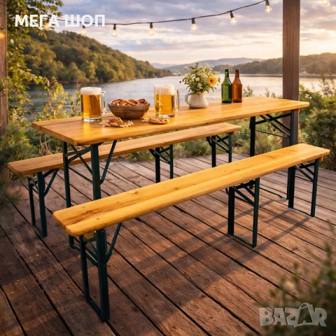 Сгъваем комплект градинска маса с 2 пейки - От чамово дърво, с отвор за чадър, снимка 2 - Други - 53884834