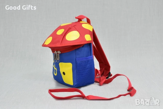 Детска текстилна раница Гъбка с джобове и дръжка за контрол – 18х23х8 см, снимка 3 - Раници - 51399282