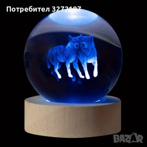 LED Светеща кристална топка/лампа, 3D сензорна -Вълци, снимка 1 - Настолни лампи - 46918242