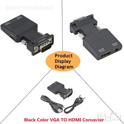 VGA към HDMI конвертор адаптер 1080P VGA адаптер за PC лаптоп към HDTV проектор Видео аудио, снимка 2 - Кабели и адаптери - 46401324