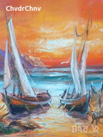 Димитър Генев 33x27см/малка българска картина масло върху платно/морски пейзаж/рибарски лодки-мрежи, снимка 5 - Картини - 51153050