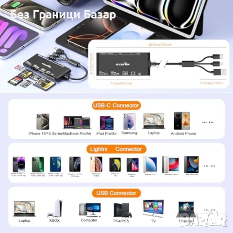 Нов Адаптер четец за карти 7 в 1 за SD/TF/CF/MS/xD USB-C Lightning 5Gbps, снимка 8 - Друга електроника - 53648735