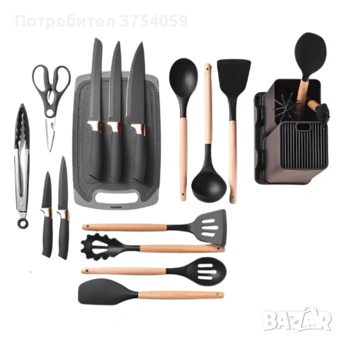 Кухненски комплект от 19 части Cheffinger KSUT01 - ножове, силиконови прибори, поставка и дъска , снимка 6 - Прибори за хранене, готвене и сервиране - 53208748