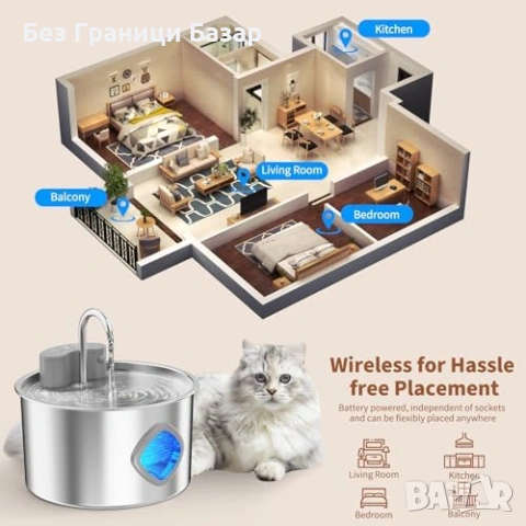 Нов Батериен фонтан за вода котка 3.2L инокс 304 3 режима 2 филтъра, снимка 2 - За котки - 53739288