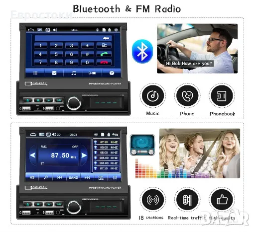 Универсална мултимедия CAMECHO 1 DIN, 7-инчов моторизиран екран, Bluetooth, поддръжка на USB/AUX-IN/, снимка 2 - Аксесоари и консумативи - 48457249