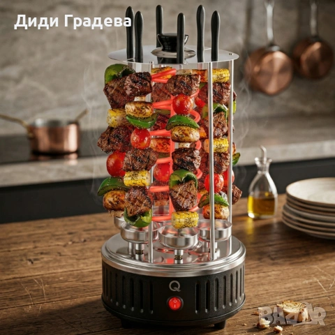 Електрическа скара за барбекю с 6 вертикални шиша – 1000W, автоматично въртене, без дим, снимка 2 - Скари - 54029069