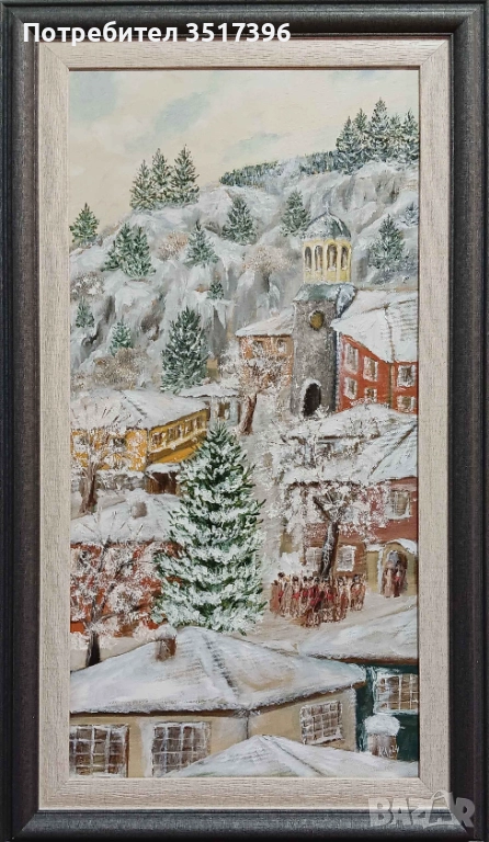 Снежна Коледа - зимен пейзаж - маслена живопис, снимка 1