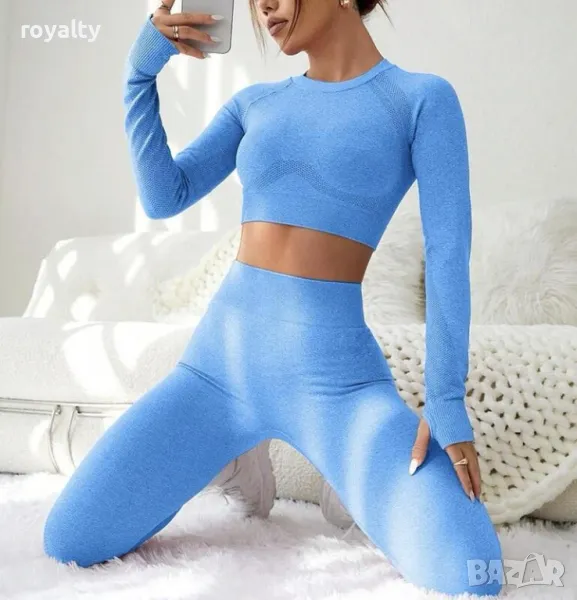 Дамски комплект клин и блуза в синьо, снимка 1