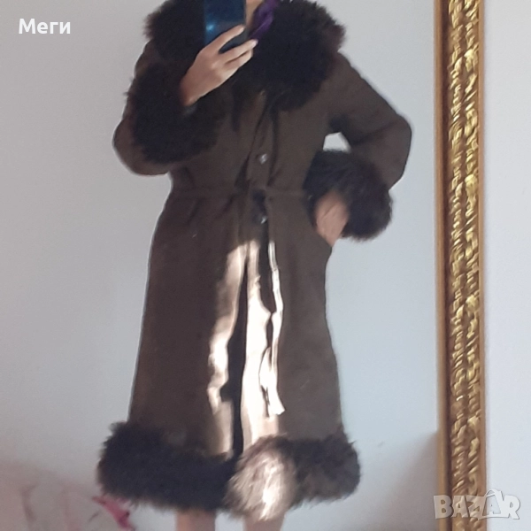 турски дамски кожух за зимата,тъмно кафяв, 100 кожа,дебел и топъл за зимата, снимка 1