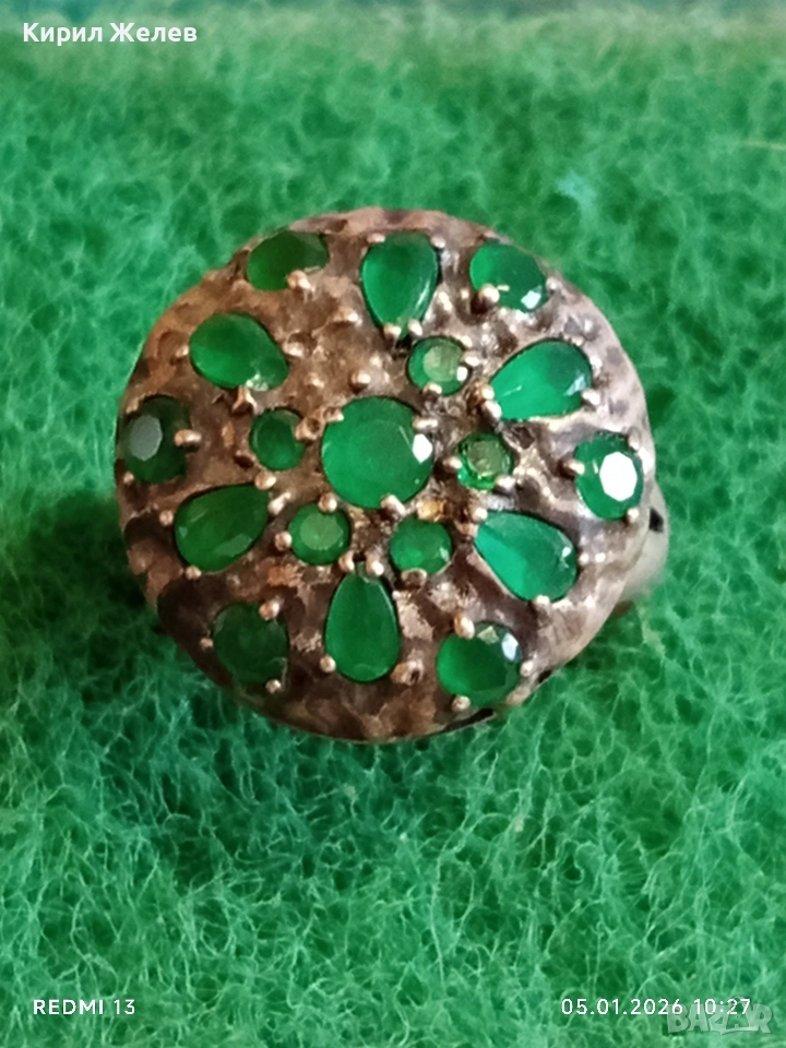 Винтидж Етно стил сребърен пръстен с Смарагди майсторска ръчна изработка 51823, снимка 1