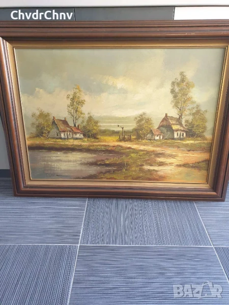 122х92см/стара голяма картина масло върху платно/пейзаж/къщи-кладенец/дървена рамка, снимка 1