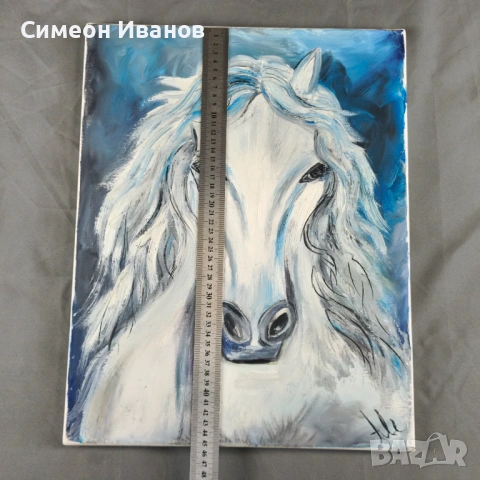 Интересна картина на кон подписана #6363 35 х 46 см, снимка 5 - Други ценни предмети - 53916462