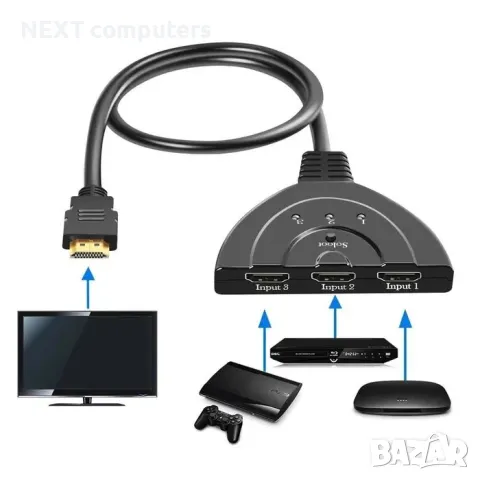 HDMI сплитер, суич (разклонител) 3 входa и 1 изход + Гаранция, снимка 1 - Кабели и адаптери - 47899850