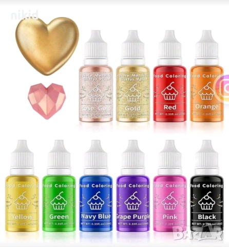 10 цвята течна сладкарска боя оцветител за фондан крем сметана тесто декорация украса, снимка 3 - Други - 52830527