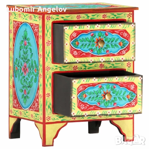 Ръчно рисувано нощно шкафче, 40х30х50 см, манго масив, снимка 3 - Шкафове - 52789038