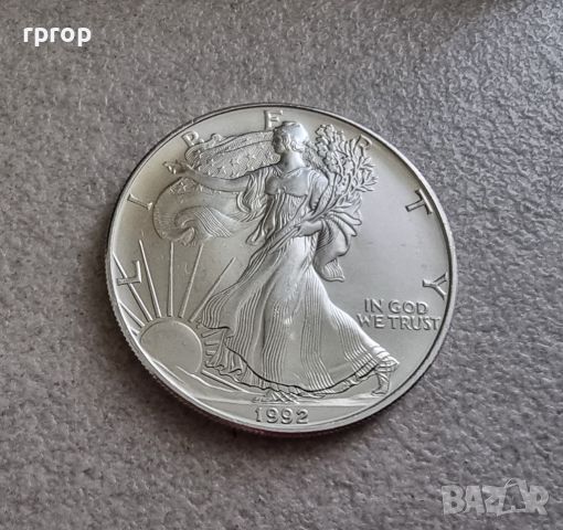 САЩ. 1 сребърен долар. 1992 година. Американски сребърен орел Сребро 0.999., снимка 4 - Нумизматика и бонистика - 45199538