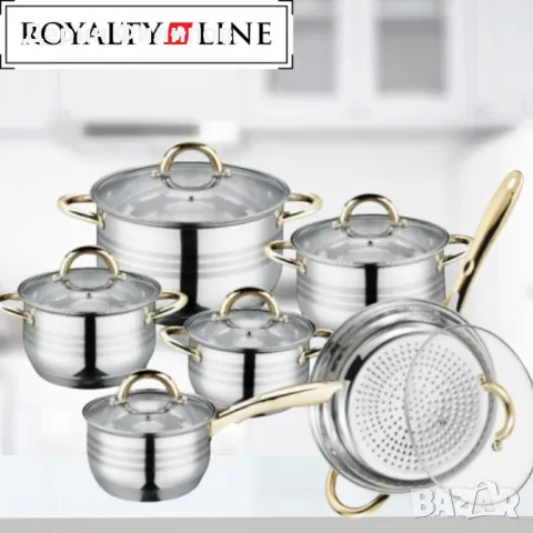 Комплект тенджери и тиган Royalty Line RL-1231G, Индукция, Инокс, Злат, снимка 2 - Съдове за готвене - 49441675