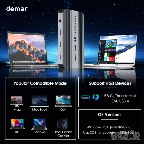 Докинг станция Thunderbolt 4, WAVLINK USB C хъб с двоен 4K@60Hz дисплей, 100w PD, USB-A 3.2 Gen 2, снимка 7 - Кабели и адаптери - 49889973